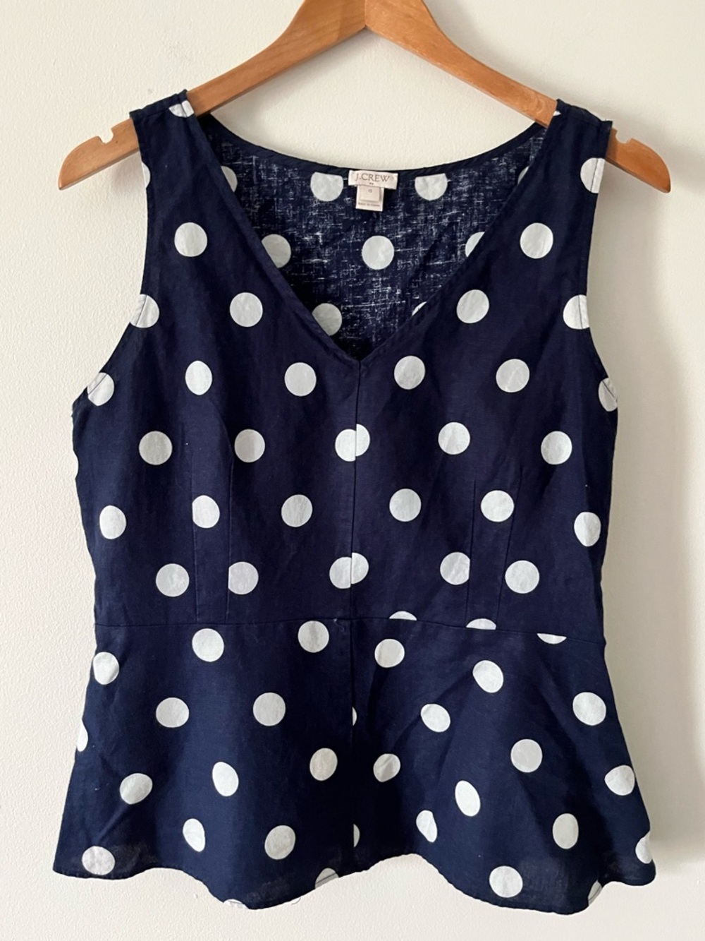 J. Crew Factory NavyWhite Linen Cotton Polka Dot Sleeveless Peplum Top 10